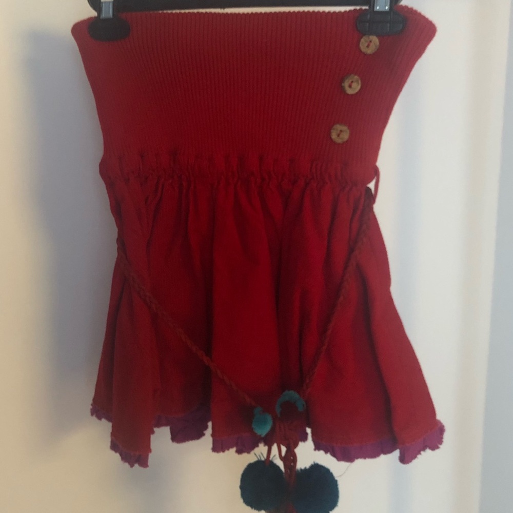 Free people red thick knit skirt with pompoms